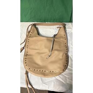 Large Beige Faux Leather Hobo Shoulder Bag Studded Boho Slouchy Tote 17x13”